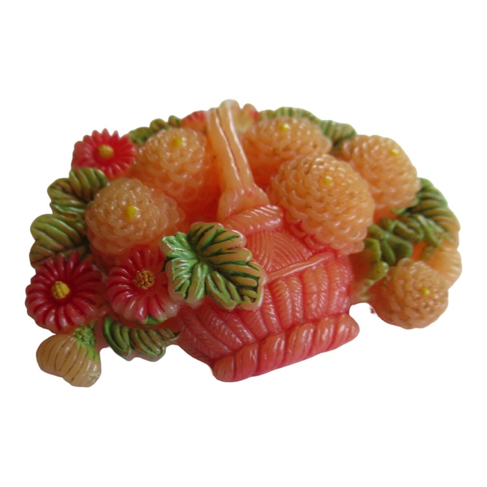 Vintage Celluloid Fruit & Floral Basket Brooch – Japan 1930s–40s Molded Pastel